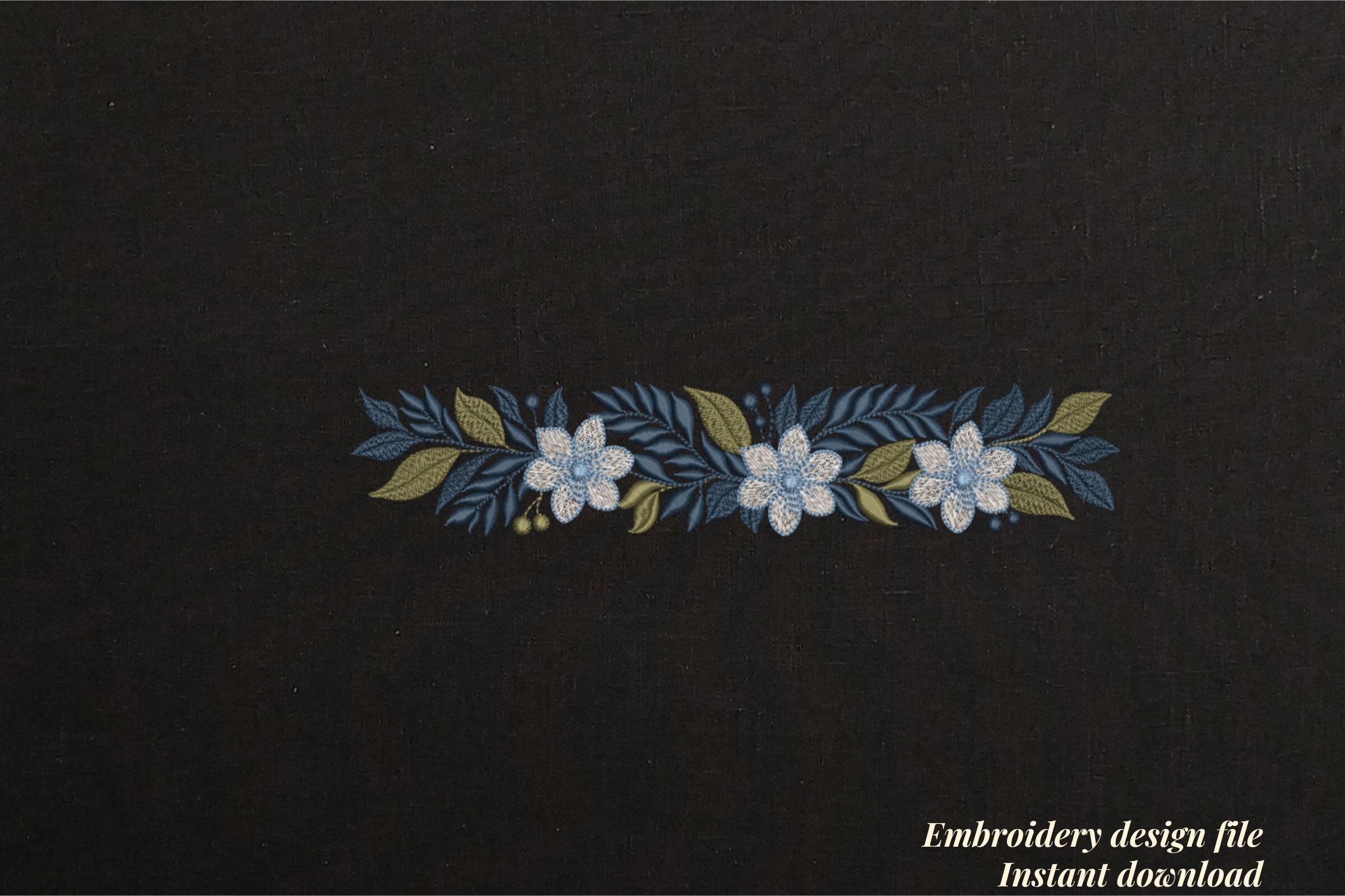 Vintage Blue Floral Leaf Border Black
