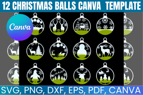 12 Christmas Balls Canva Frame Bundle for ornament designs