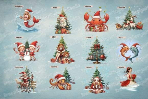 Christmas Zodiac Characters Png Set Graphics