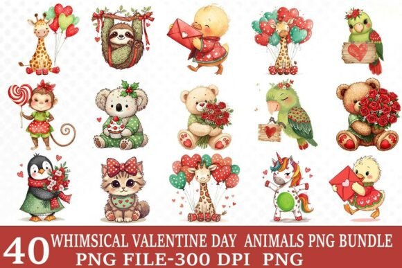 Preview of Whimsical Animals Valentine PNG Bundle Valentine sublimation design
