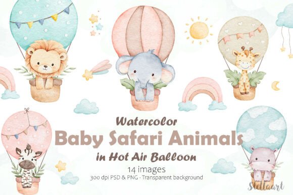 Safari Animals in Hot Air Balloon Graphic Illustrations By Stellaart