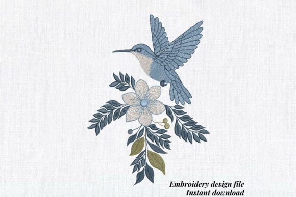 Blue Hummingbird Flying Floral Branch