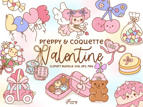 Preppy Coquette Valentine Clipart Bundle - Printable