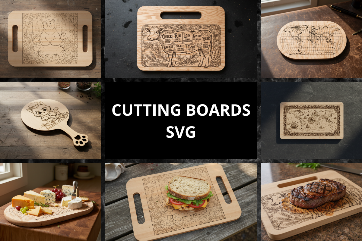 Illustrated cutting board laser engraving designs with a cat