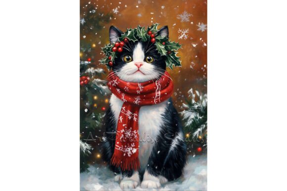 Christmas Tuxedo Cat Snow Wall Art Print