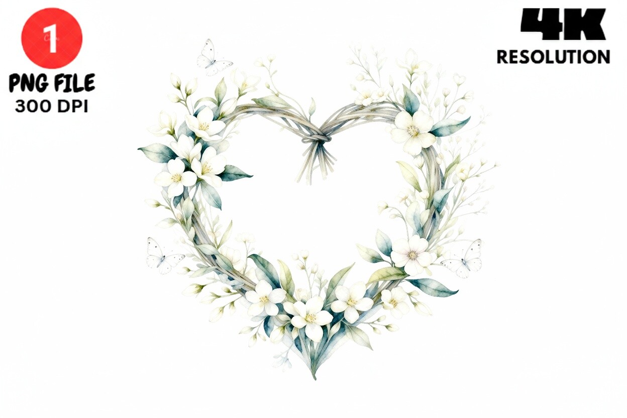 Watercolor Heart Floral Wreath Clipart