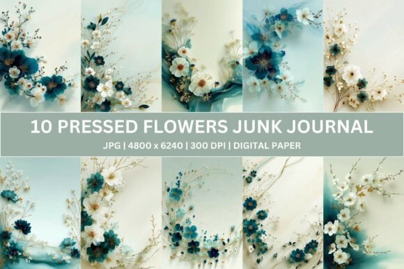 10 Teal Pressed Flowers Junk Journal