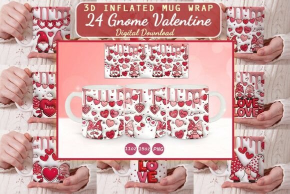 Preview of 3D Inflated Valentine Gnome Mug Wrap Bundle Valentine sublimation design