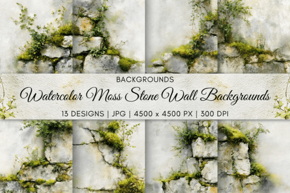 Watercolor Moss Stone Wall Backgrounds