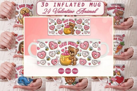 Preview of 3D Inflated Valentine Animal Mug Wrap Bundle Valentine sublimation design