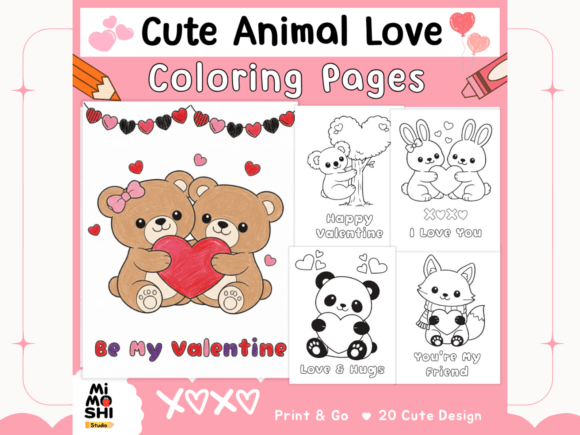 Cute Animal Love Valentine Coloring Page