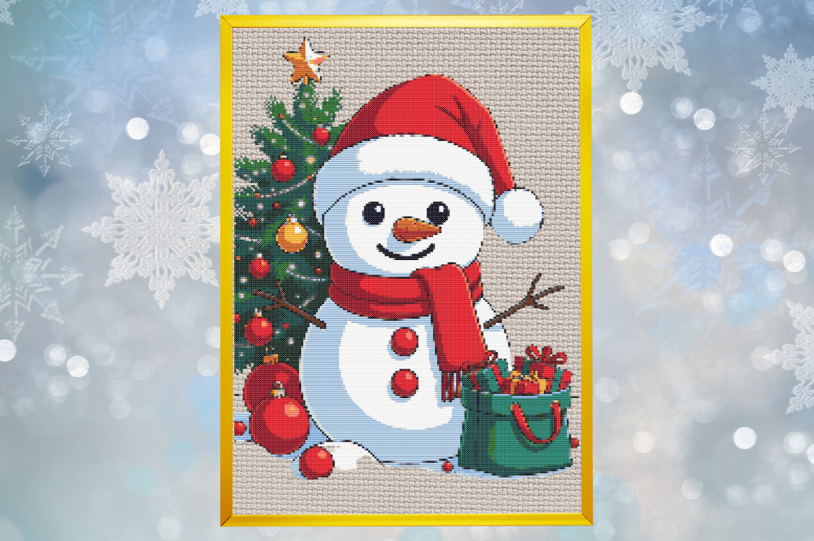 Cute Christmas Snowman with Gifts & Tree