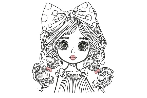 Kawaii Girl Line Art Embroidery Design