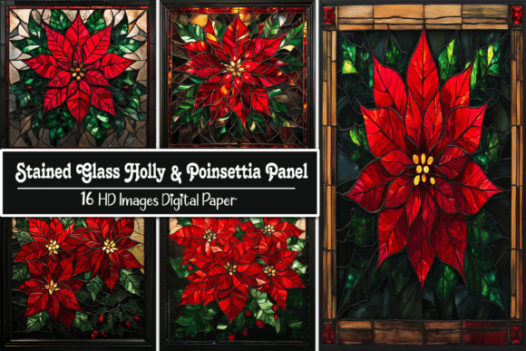 Stained Glass Holly & Poinsettia Panel