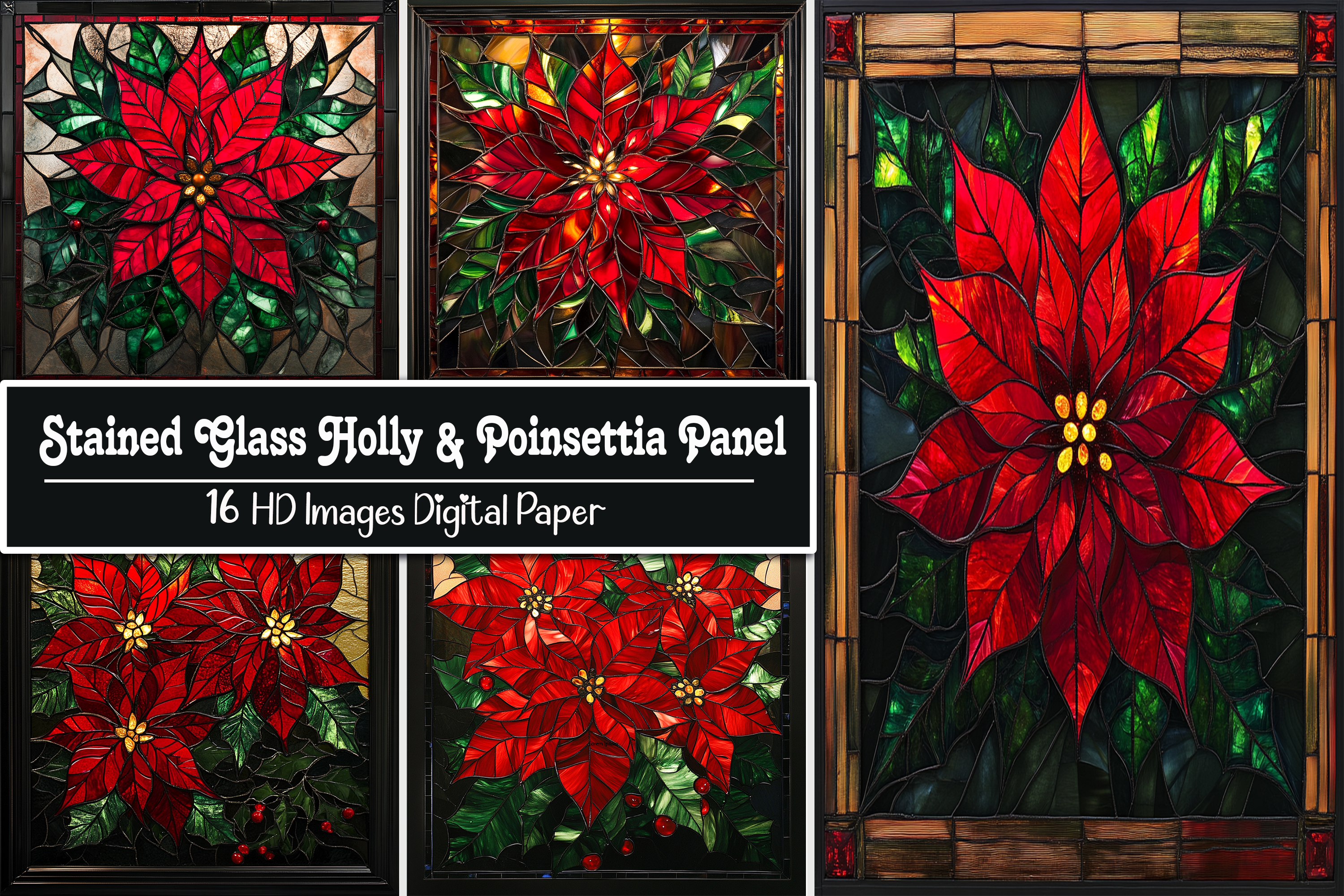 Stained Glass Holly & Poinsettia Panel