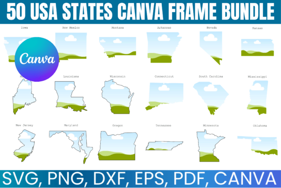 50 USA States Canva Frame Bundle with editable state shapes