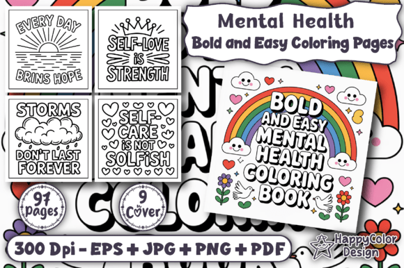 Bold & Easy Mental Health Coloring Pages Illustration Pages et livres de coloriage pour adultes Par HappyColor Design