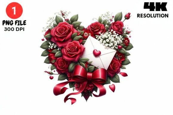Red Rose Heart Bouquet Envelope Clipart
