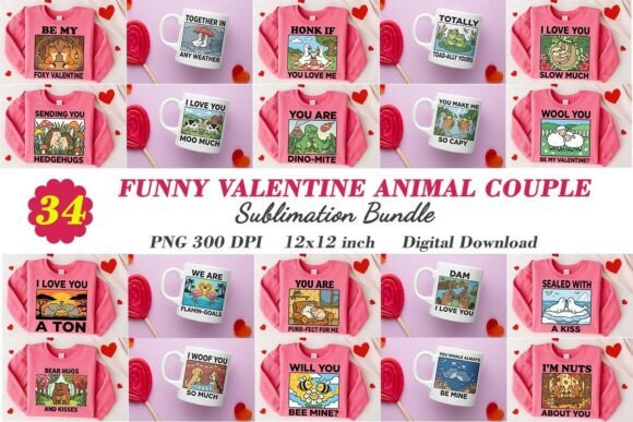 Preview of Funny Valentine Animal Couple PNG Bundle Valentine sublimation design