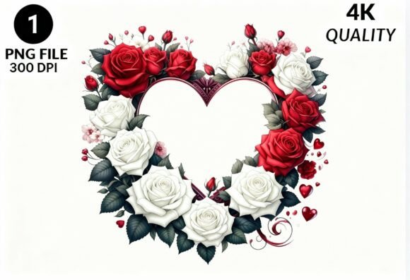 Red White Rose Heart Floral Frame PNG