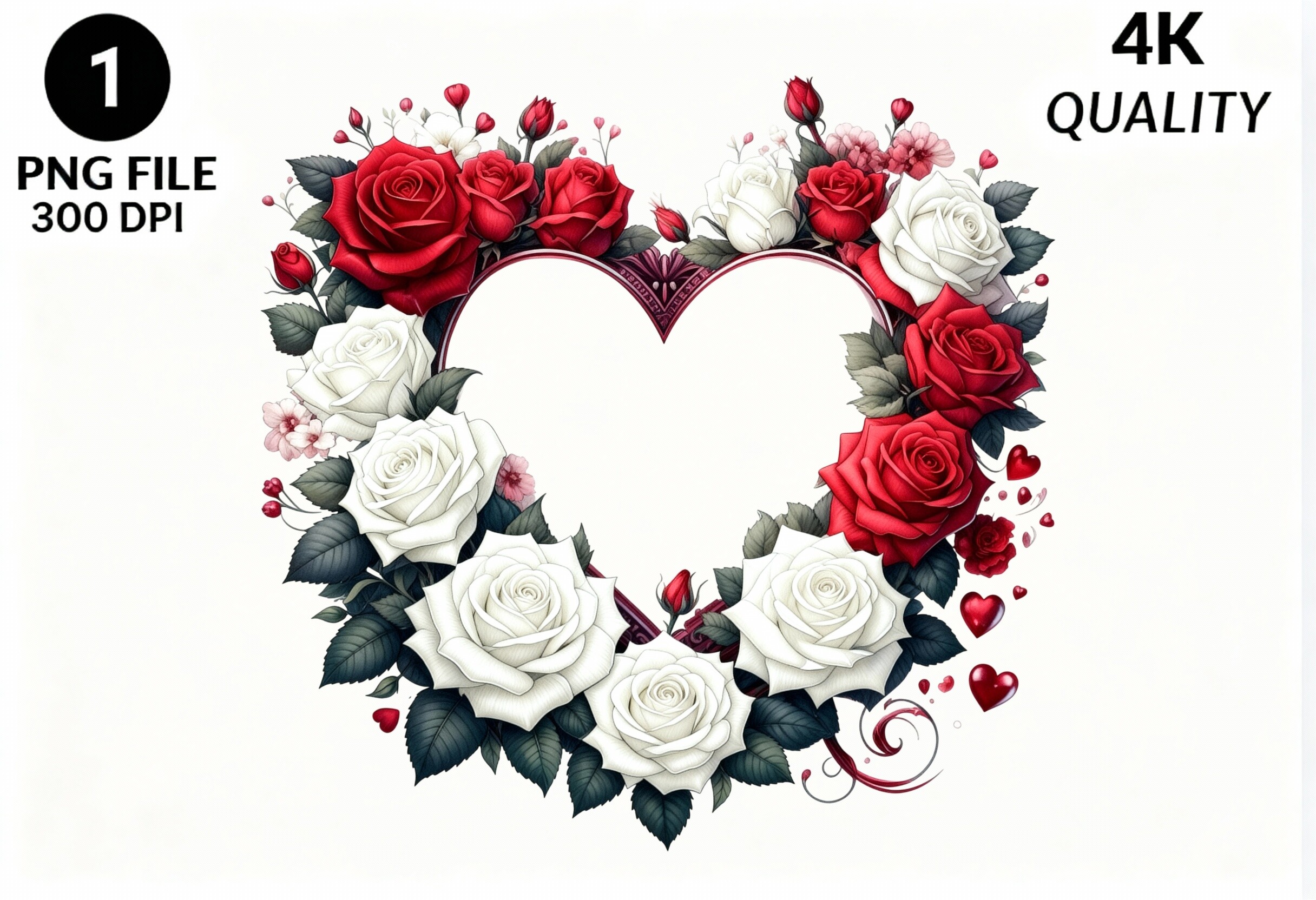 Red White Rose Heart Floral Frame PNG