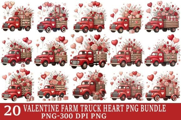 Preview of Valentine Farm Truck Heart PNG Bundle Valentine sublimation design