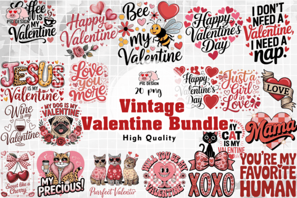 Preview of Vintage Valentine PNG Bundle Valentine sublimation design