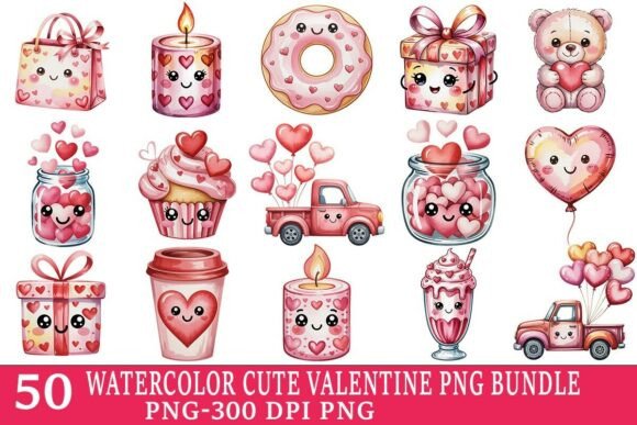 Preview of Watercolor Cute Valentine PNG Bundle Valentine sublimation design