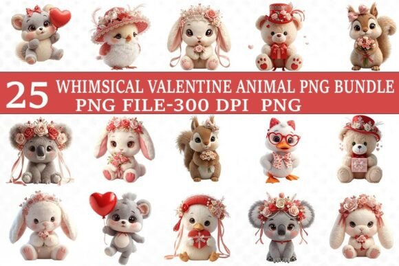 Preview of Whimsical Valentine Animal PNG Bundle Valentine sublimation design