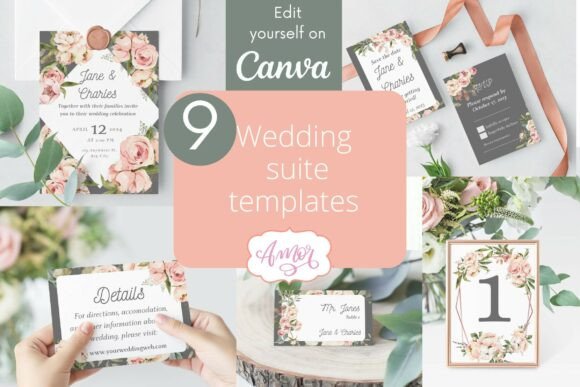 Floral Wedding Canva Templates Bundle Graphics