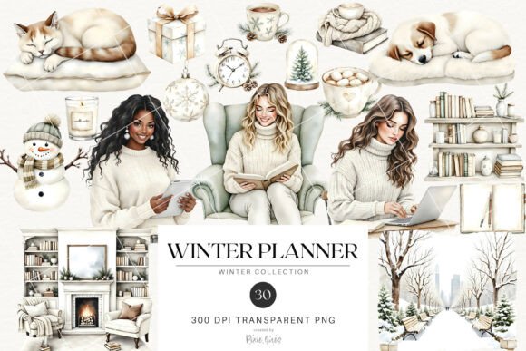 White Winter Planner and Cozy Holidays Graphic Illustrations By Pixie Lines