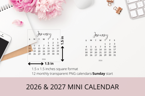 2026 & 2027 Monthly Mini PNG Calendar