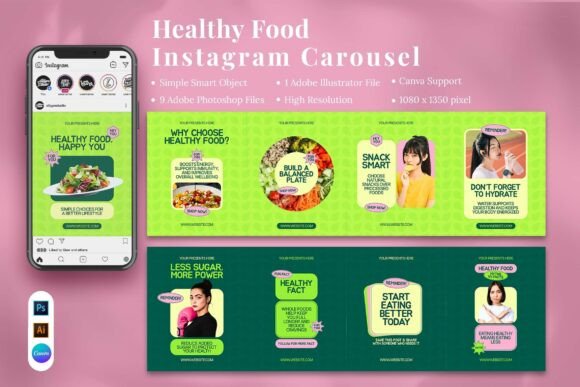 Preview of Healthy Food Instagram Carousel & Canva food social media design template