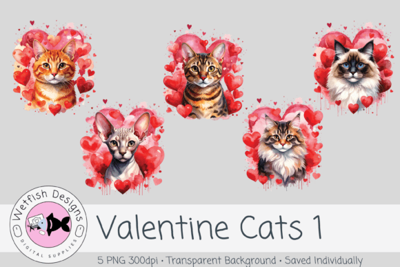Valentine Cats Set 1 – Watercolor PNG