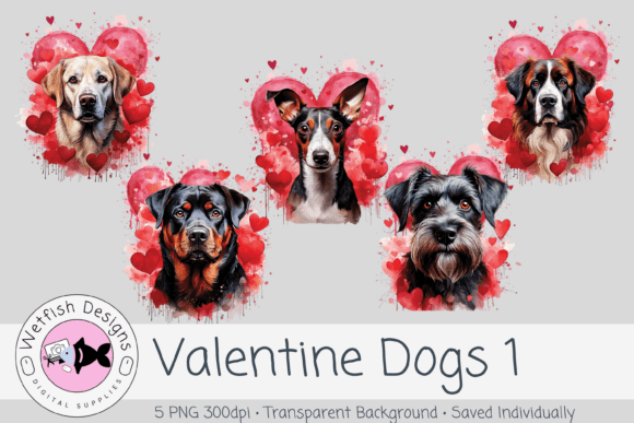 Valentine Dogs Set 1 – Watercolor PNG