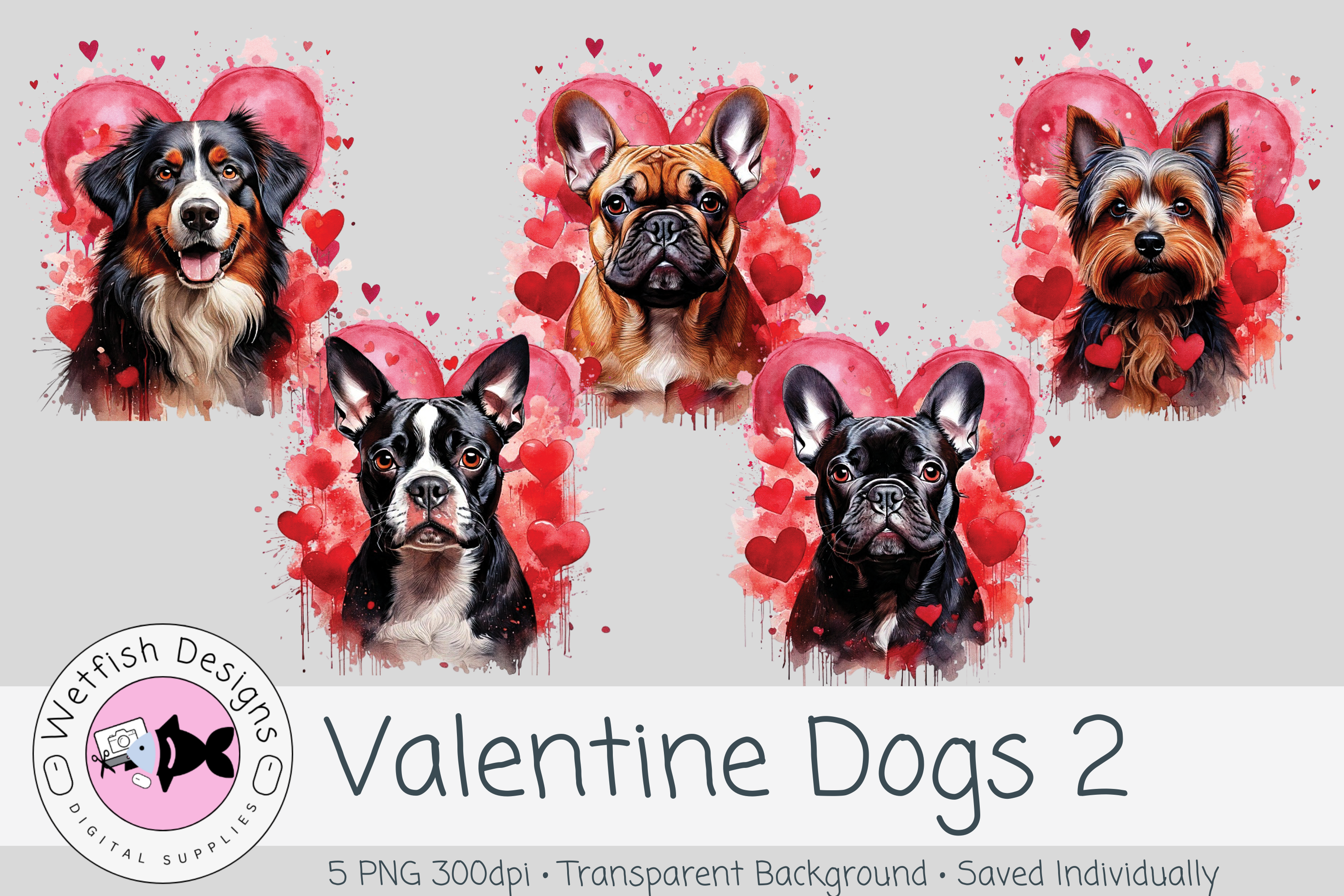 Valentine Dogs Set 2--Watercolor PNGs
