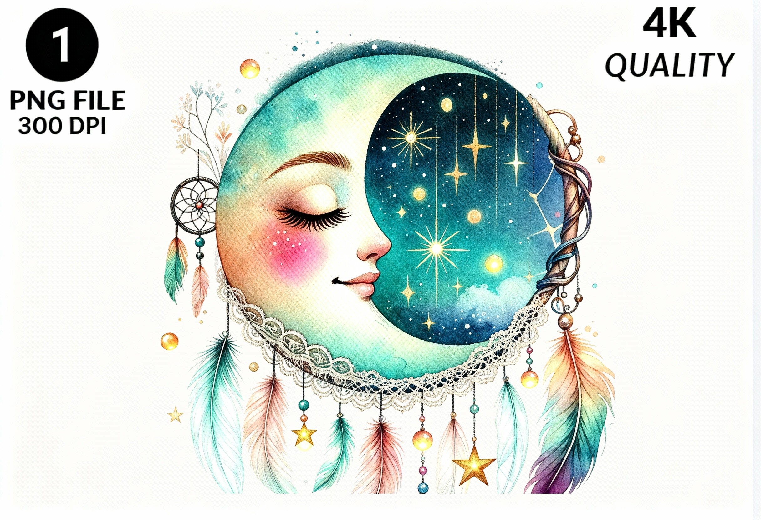 Boho Celestial Moon Face PNG