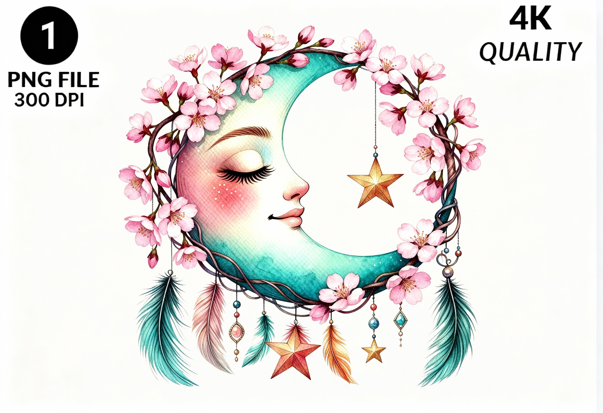 Boho Moon Face Cherry Blossom PNG