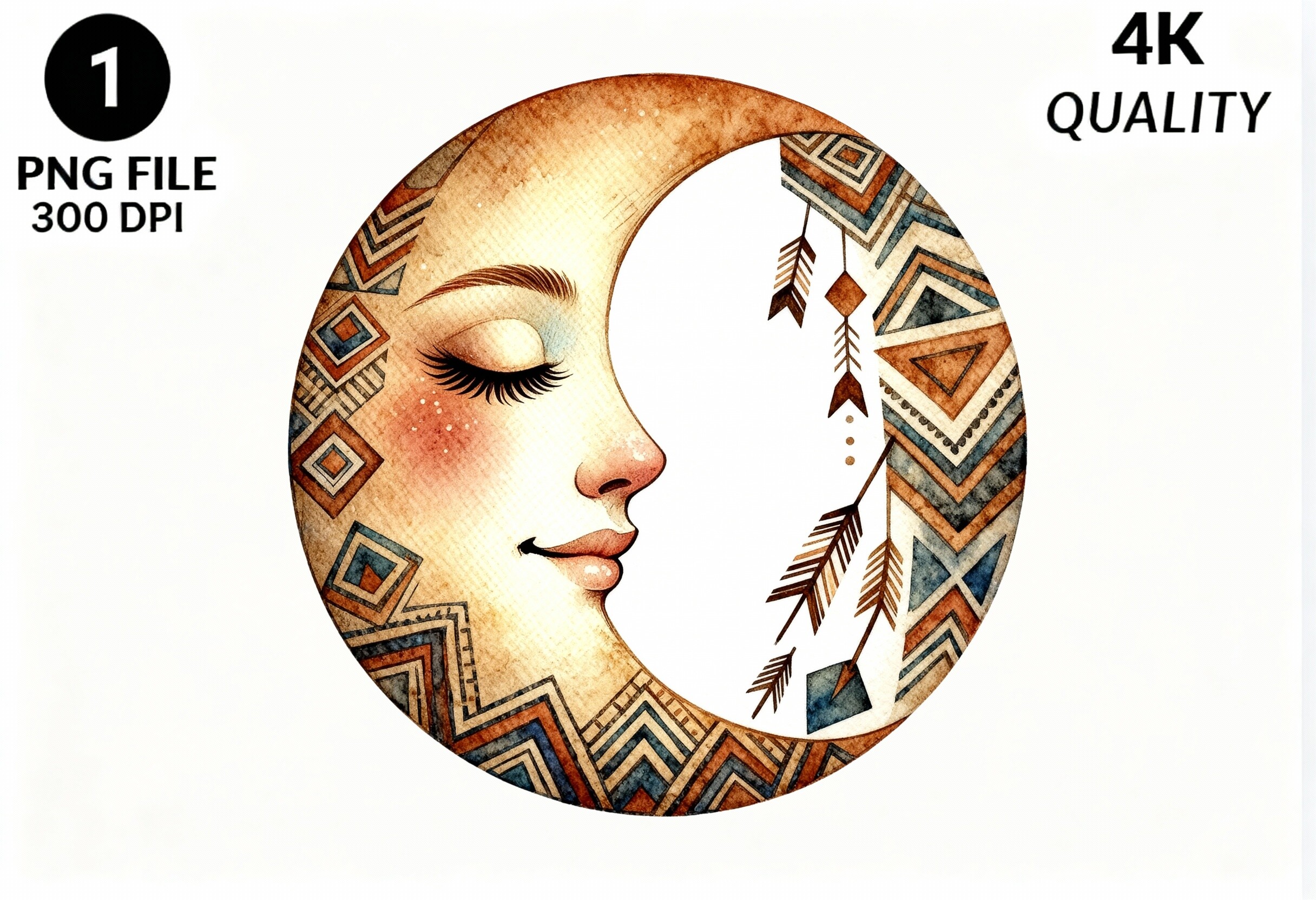 Boho Moon Face Watercolor PNG Art
