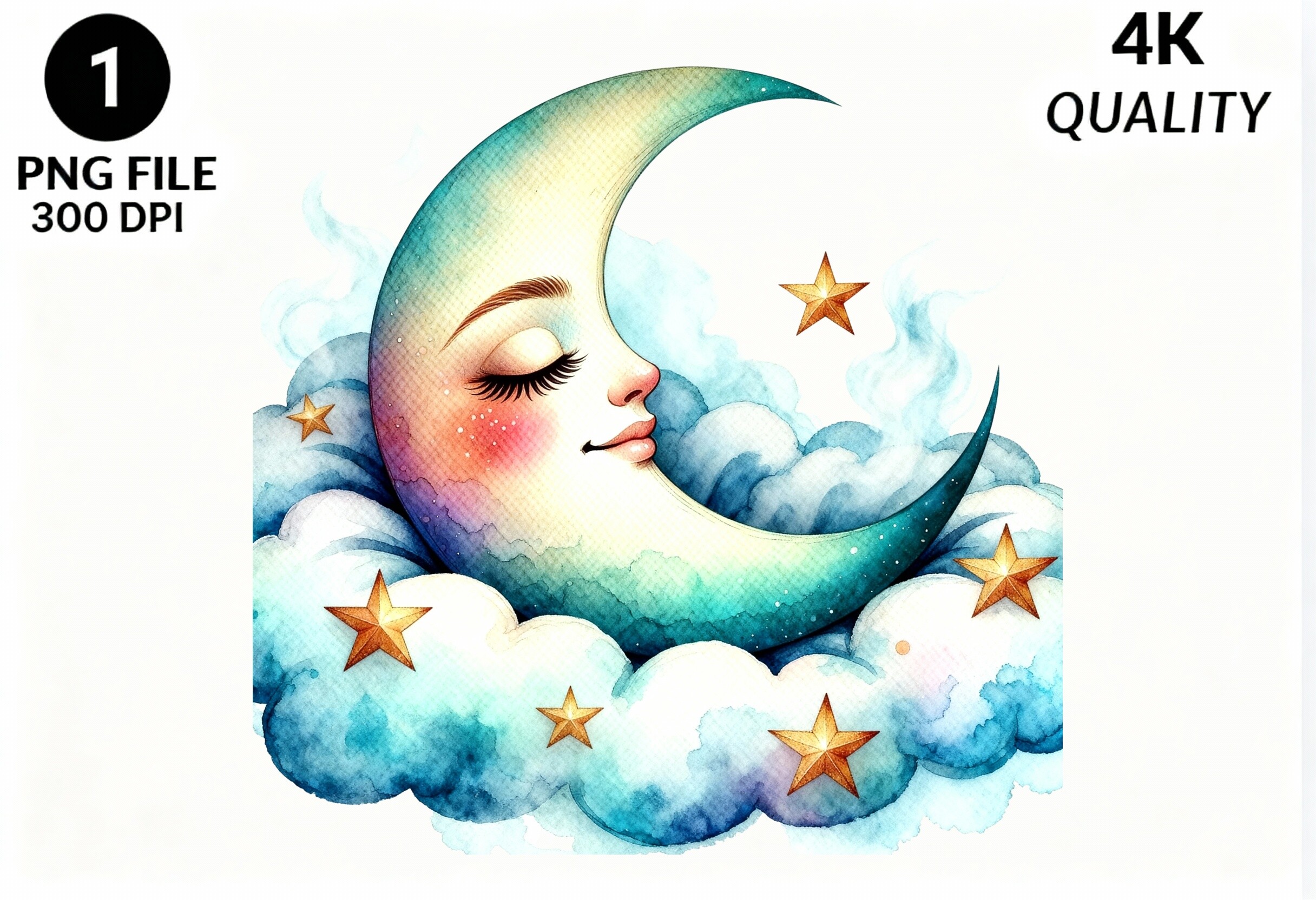 Cute Moon Face PNG Watercolor Stars