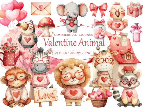 Watercolor Valentine Animal Clipart