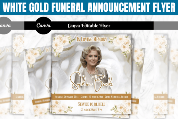 White Gold Funeral Announcement Flyer