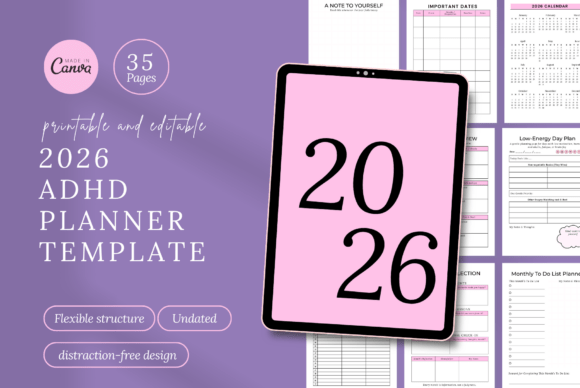 ADHD Digital Planner Canva Template Gráfico Planificadores y agendas Por Templates by amleyy