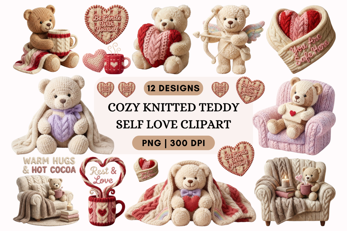 Cozy Knitted Teddy Self Love Clipart PNG