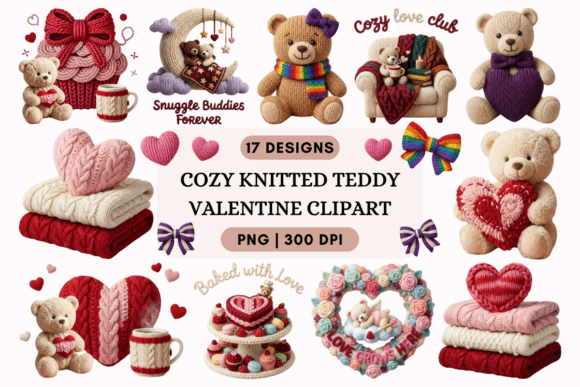 Cozy Knitted Teddy Valentine Clipart PNG
