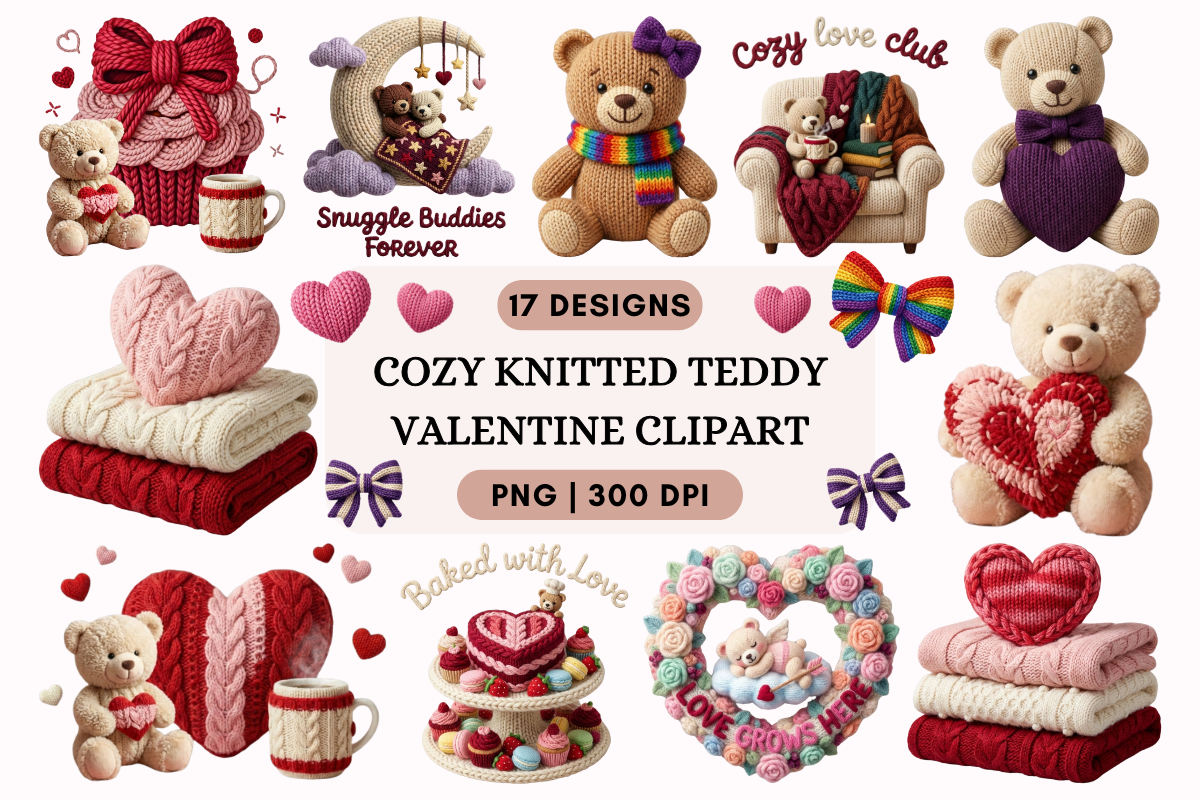 Cozy Knitted Teddy Valentine Clipart PNG