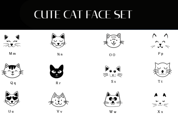 Cute Cat Face Set Font PNG with transparent background - Preview 2