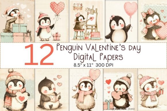 Valentine's Day Penguins Digital Papers