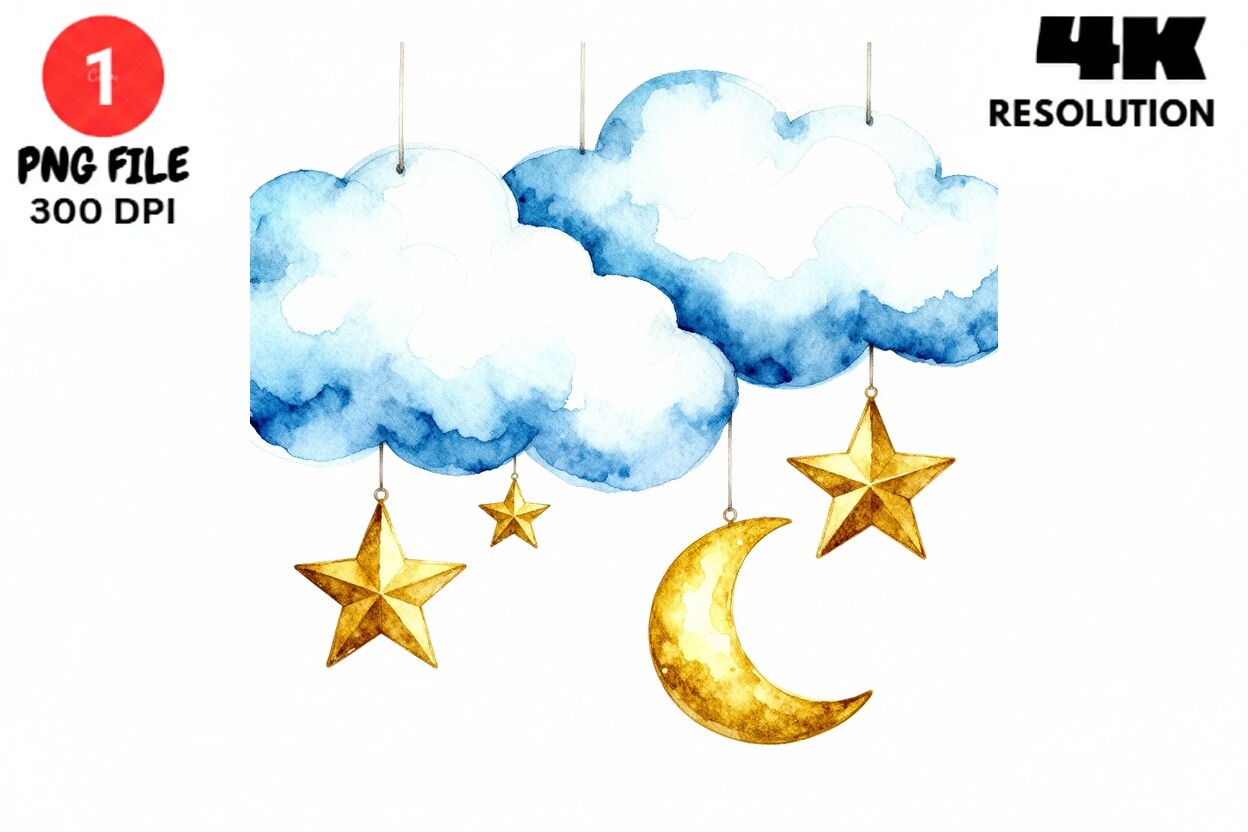 Watercolor Moon Stars Clouds Baby