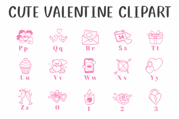 Cute Valentine Clipart Font PNG with transparent background - Preview 2